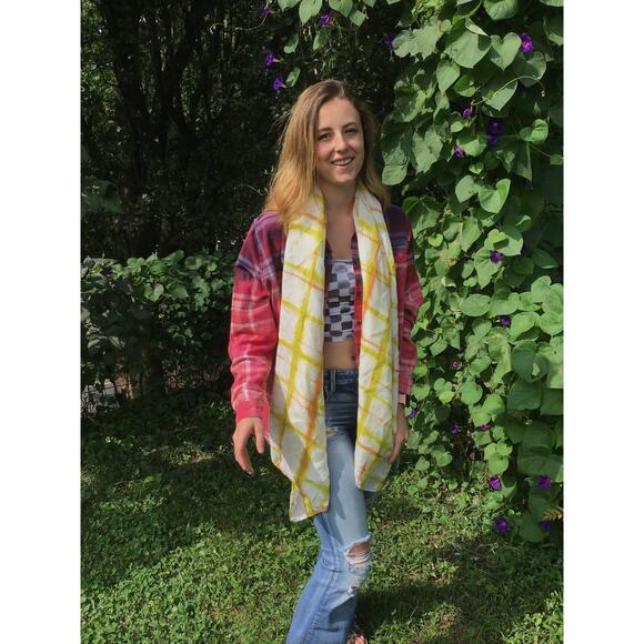 Tie Dyed Silk Extra Long Scarf Lime Green Orange Shibori Geometric - Picture 10 of 11